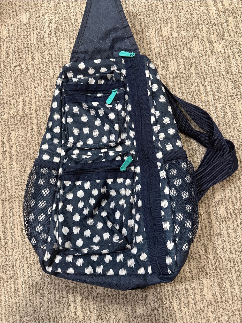 thirty-one Navy Patterned Sling Bag with Teal Zippers